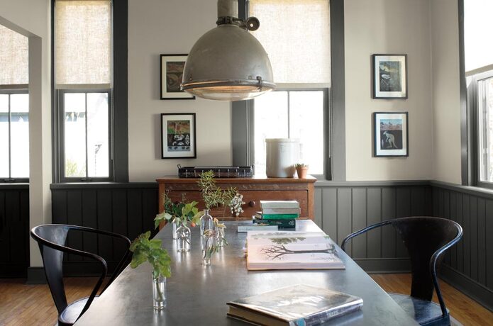 A gray painted room with gray trim and wainscoting, accented by an eclectic light, and long black mo