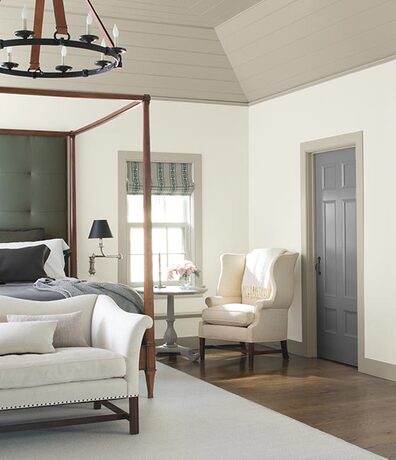 A crisp white-painted bedroom with gray-painted ceiling, trim and door.