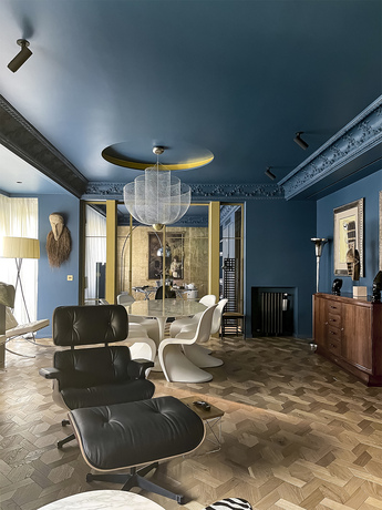 Color Blue Danube in interior wall and ceiling with gold accent